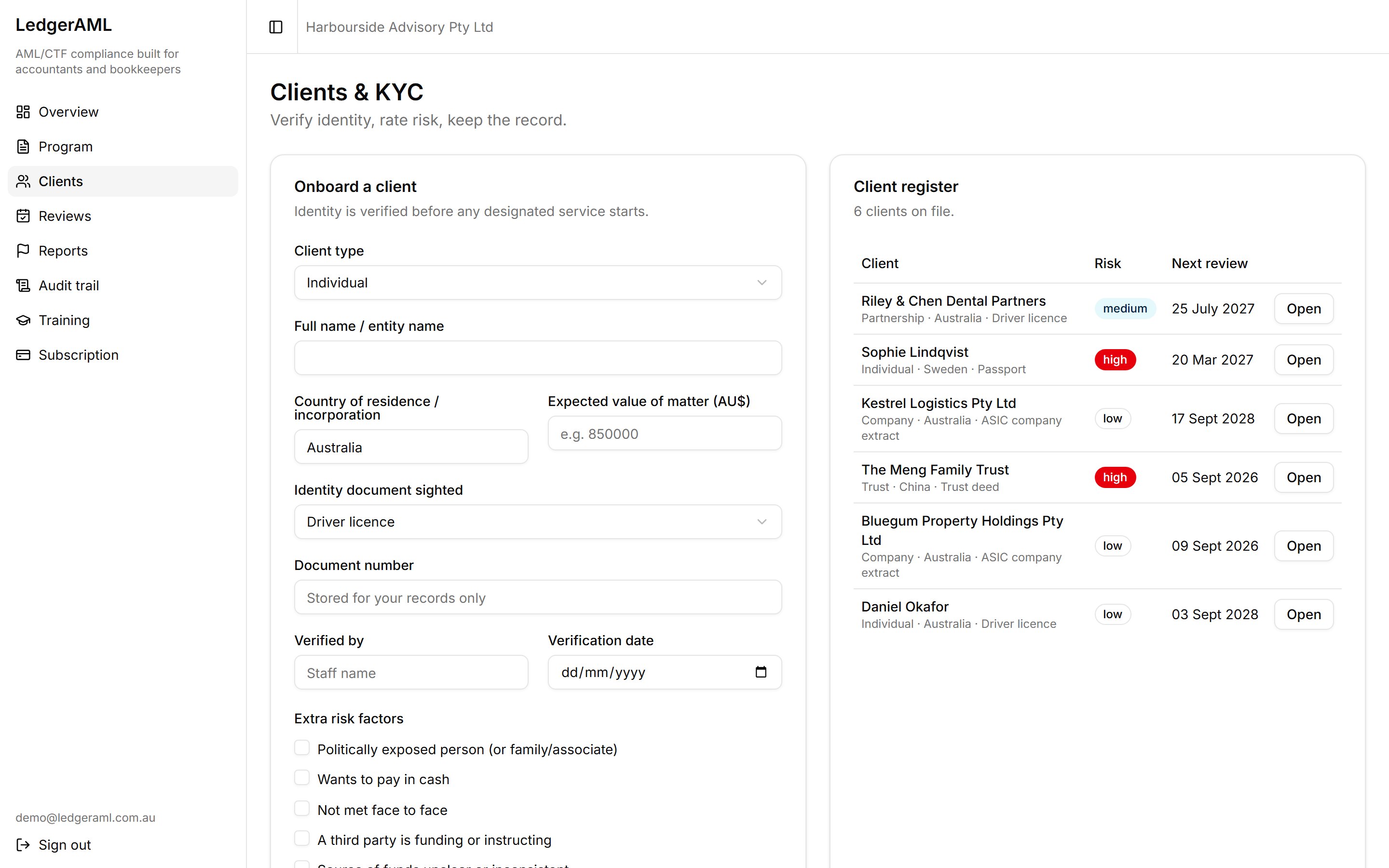 Clients screen: onboarding form with risk factors and the client register with risk badges and review dates.
