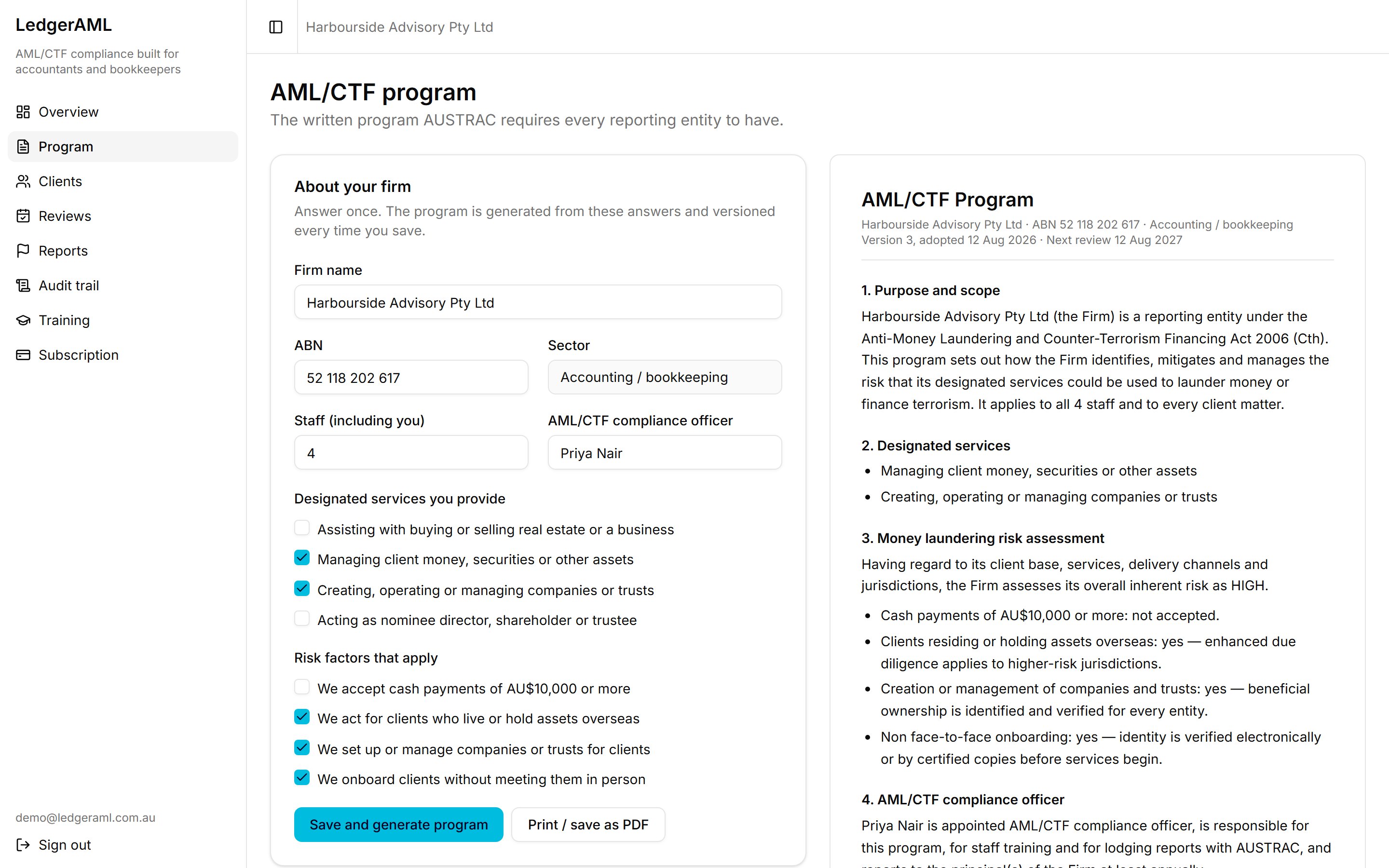 Program screen: the questionnaire on the left and the generated AML/CTF program on the right.